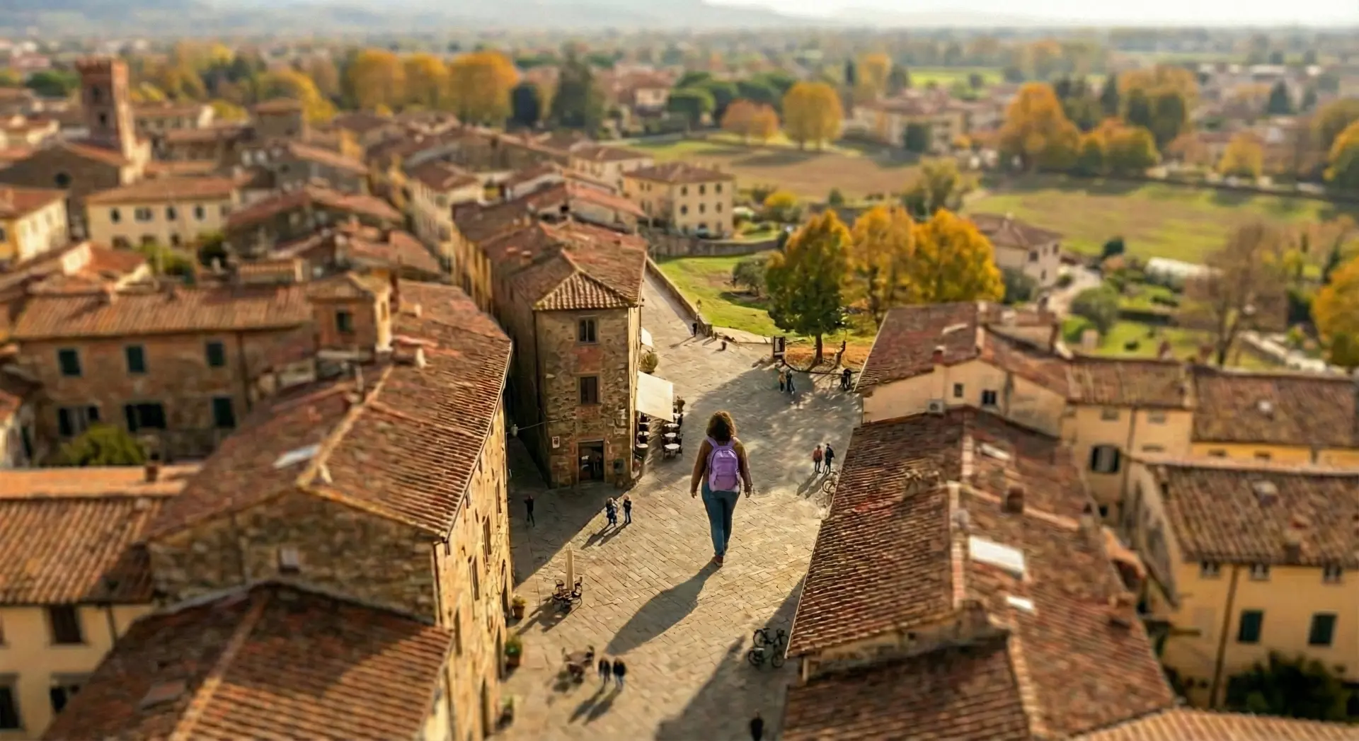 Una ragazza con lo zainetto cammina in un borgo toscano visto dall'alto